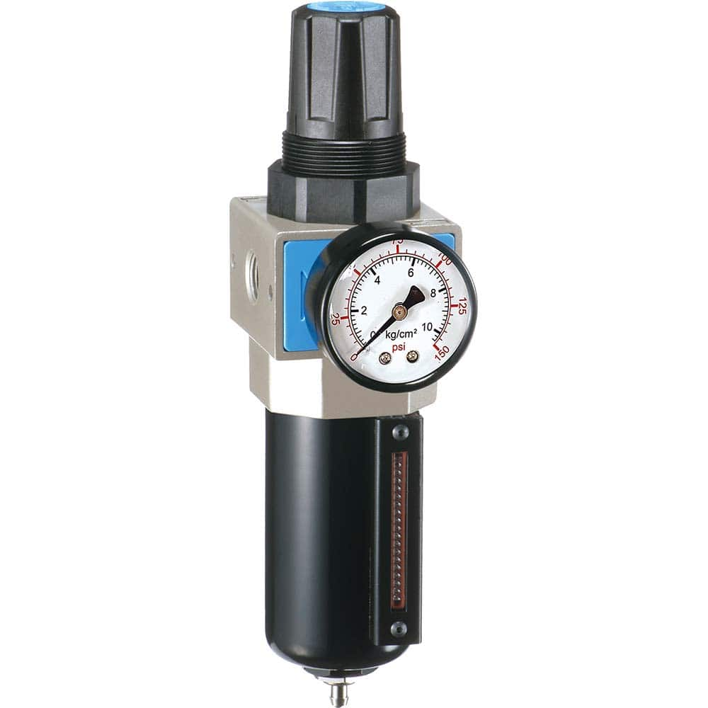 FRL Combination Unit: 3/8 NPT, Intermediate with Pressure Gauge 74.15 SCFM, 215 Max psi, Aluminum Bowl, Semi-Automatic Drain