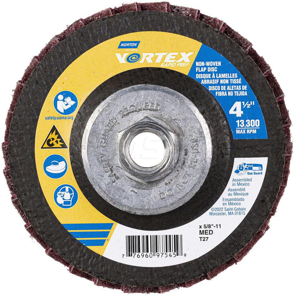 Flap Disc: 4-1/2″ Dia, 5/8-11 Hole, Aluminum Oxide, Type 27 Non-Woven, Medium Grade, Fiberglass-Backed, 13,300 RPM