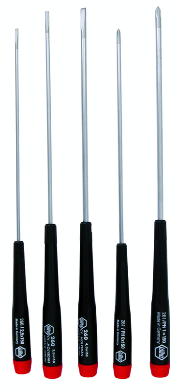 5 Piece - Precision Long Slotted & Phillips Screwdriver Set - #26192 - Includes: Slotted 2.5 - 4.0mm Phillips #0 - 1 - Americas Tooling