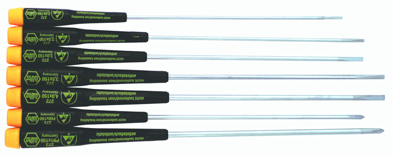 7 Piece - Precision ESD Safe Slotted & Phillips Extra Long Screwdriver Set - #27393 - Slotted 2.0 - 4.0mm; Phillips # 0; 1 x 150mm - Americas Tooling