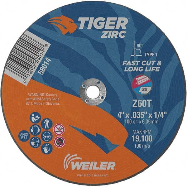 Weiler - 4 x 0.035, 1/4" Hole 60 Grit Zirconia Alumina Cutoff Wheel - Americas Tooling