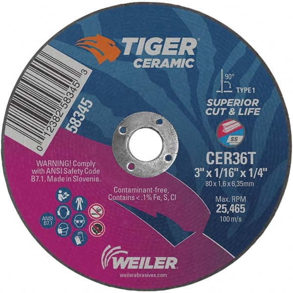 Weiler - 3 x 1/16, 1/4" Hole 36 Grit Ceramic Alumina Cutoff Wheel - Americas Tooling