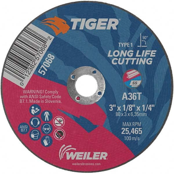 Weiler - 3 x 1/8, 1/4" Hole 36 Grit Aluminum Oxide Cutoff Wheel - Americas Tooling