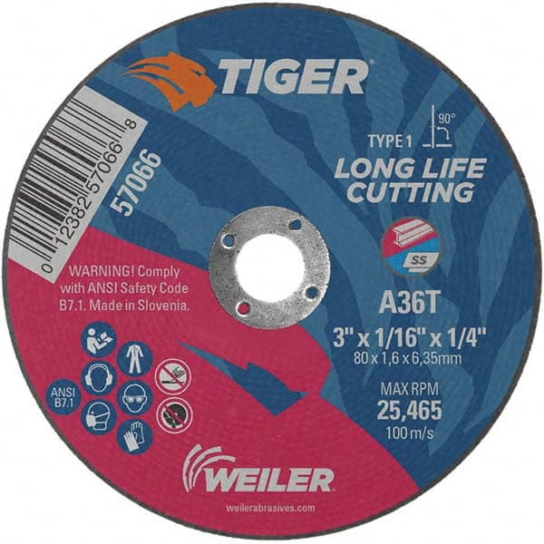 Weiler - 3 x 1/16, 1/4" Hole 36 Grit Aluminum Oxide Cutoff Wheel - Americas Tooling