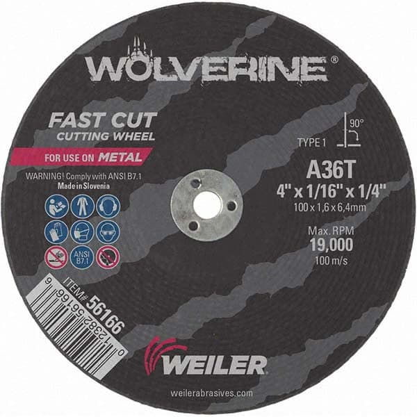 Weiler - 4 x 1/16, 1/4" Hole 36 Grit Aluminum Oxide Cutoff Wheel - Americas Tooling