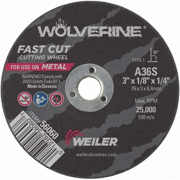 Weiler - 3 x 1/8, 3/8" Hole 36 Grit Aluminum Oxide Cutoff Wheel - Americas Tooling