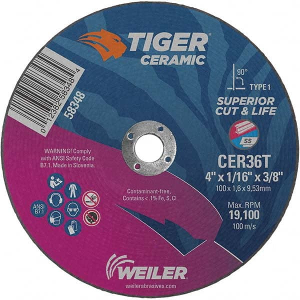 Weiler - 4 x 1/16, 3/8" Hole 36 Grit Ceramic Alumina Cutoff Wheel - Americas Tooling