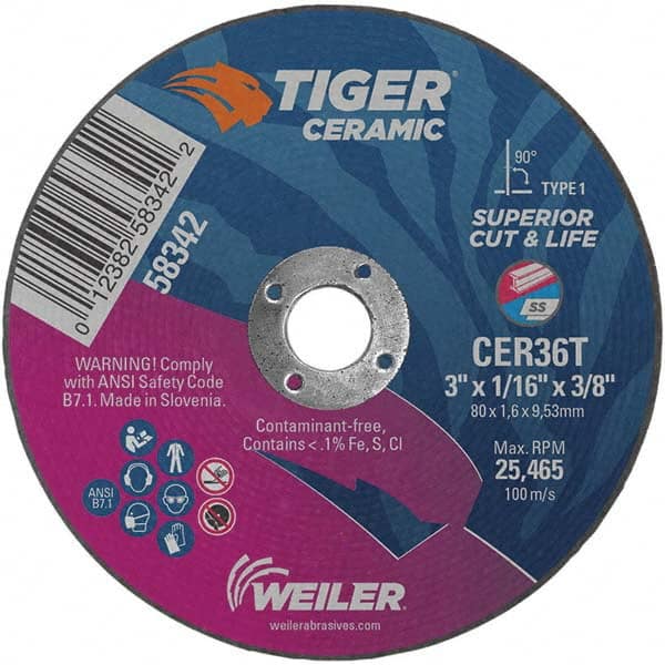 Weiler - 3 x 1/16, 3/8" Hole 36 Grit Ceramic Alumina Cutoff Wheel - Americas Tooling