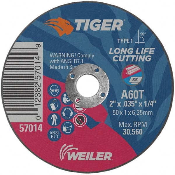 Weiler - 2 x 0.035, 1/4" Hole 60 Grit Aluminum Oxide Cutoff Wheel - Americas Tooling