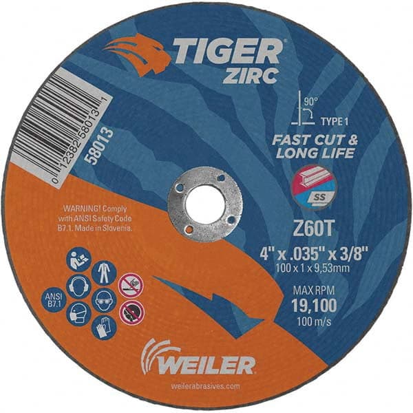 Weiler - 4 x 0.035, 3/8" Hole 60 Grit Zirconia Alumina Cutoff Wheel - Americas Tooling