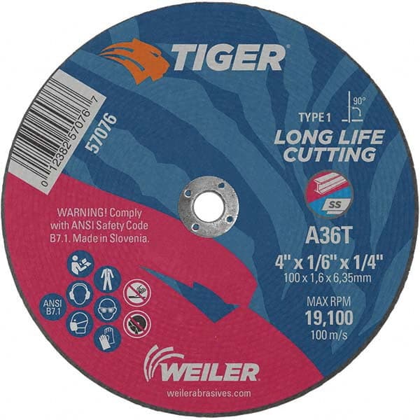 Weiler - 4 x 1/16, 1/4" Hole 36 Grit Aluminum Oxide Cutoff Wheel - Americas Tooling