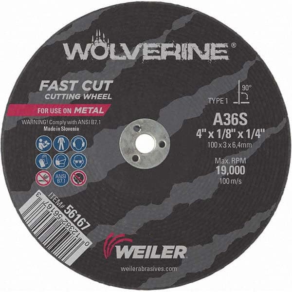 Weiler - 4 x 1/8, 1/4" Hole 36 Grit Aluminum Oxide Cutoff Wheel - Americas Tooling