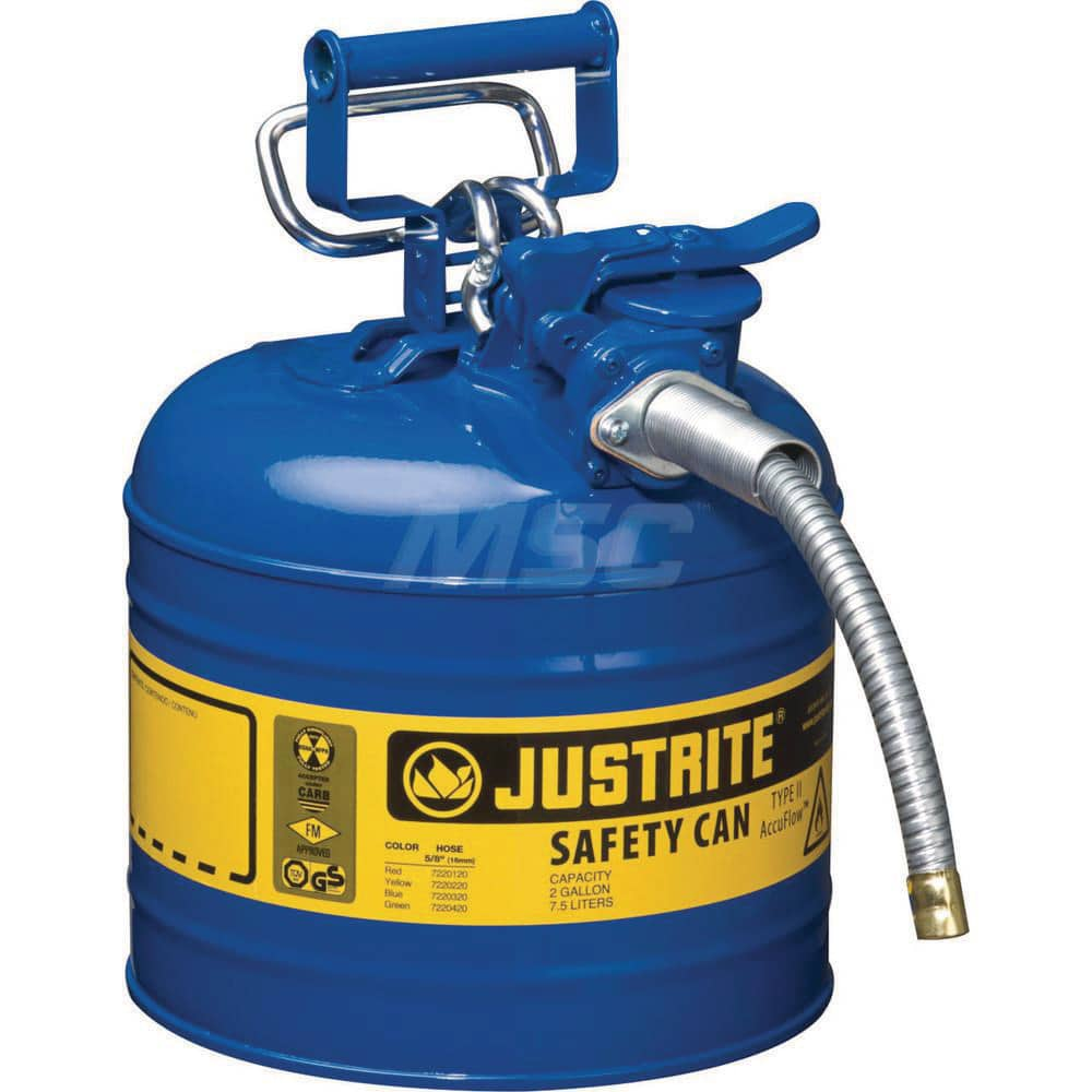 Justrite - Safety Dispensing Cans; Capacity: 2 Gal. ; Material: Steel ; Color: Blue ; Height (Decimal Inch): 13.250000 ; Diameter/Length (mm): 9.50 ; Approval Listing/Regulations: FM Approved; UL; ULC; TUV - Exact Industrial Supply