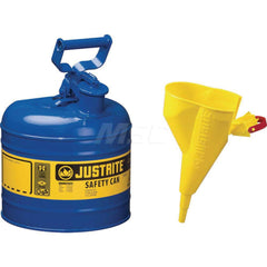 Justrite - Safety Dispensing Cans; Capacity: 2 Gal. ; Material: Steel ; Color: Blue ; Height (Decimal Inch): 13.750000 ; Diameter/Length (mm): 9.50 ; Approval Listing/Regulations: FM Approved; UL; ULC; TUV - Exact Industrial Supply