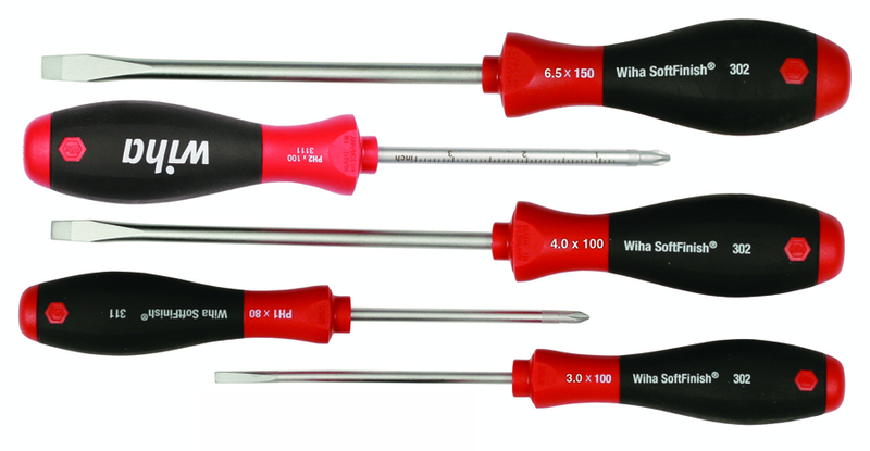 5 Piece - SoftFinish® Cushion Grip Screwdriver Set - #30295 - Includes: Slotted 3.0 - 6.5mm Phillips #1 - 2 - Americas Tooling