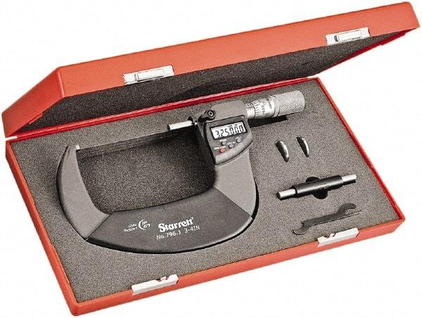 Starrett - 3 to 4" Range, Standard Throat IP67 Electronic Outside Micrometer - Friction Thimble, Carbide Face, CR2032 Battery - Americas Tooling