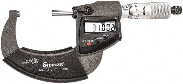 Starrett - Standard Throat IP67 Electronic Outside Micrometer - Ratchet Stop Thimble, Carbide Face, CR2032 Battery - Americas Tooling