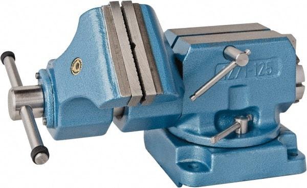 Bison - 5" Jaw Width x 5.9" Jaw Opening Capacity, 8.46" Throat Depth, Bench & Pipe Combination Vise - 1-1/4 to 2.36" Pipe Capacity, Swivel Base, Bolt Down Attachment, Steel - Americas Tooling