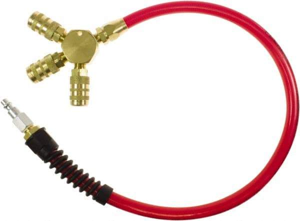 PRO-SOURCE - 3/8" ID 2' Long Lead-In Whip Hose - Manifold with (3) 6-Ball Automotive Couplers Ends, 200 Working psi, 165°, 1/4" Fitting, Transparent Red - Americas Tooling