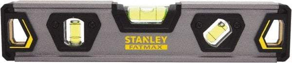 Stanley - 9" Long 3 Vial Torpedo Level - Aluminum, Black/Silver/Yellow, 1 45°, 1 Level & 1 Plumb Vials - Americas Tooling