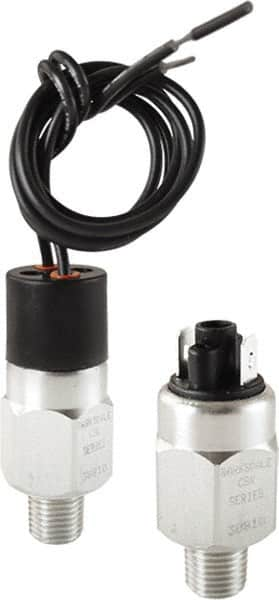 Barksdale - 700 to 1,900 psi Adjustable Range, 9,000 Max psi, Compact Pressure Switch - 1/8 NPT Male, 18in Free Leads, SPST/ NC Contact, Brass Wetted Parts, 4% Repeatability - Americas Tooling