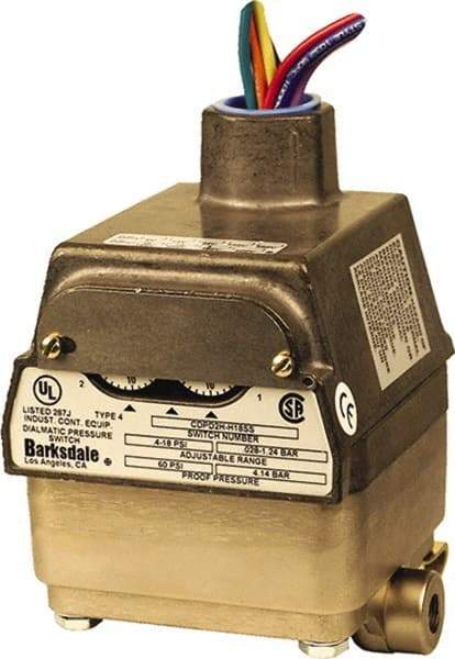 Barksdale - 1.5 to 150 psi Adjustable Range, 300 Max psi, Differential Pressure Switch - 1/8 NPT Female, 18in Free Leads, 2 x SPDT Contact, 300SS Wetted Parts, 0.5% Repeatability - Americas Tooling