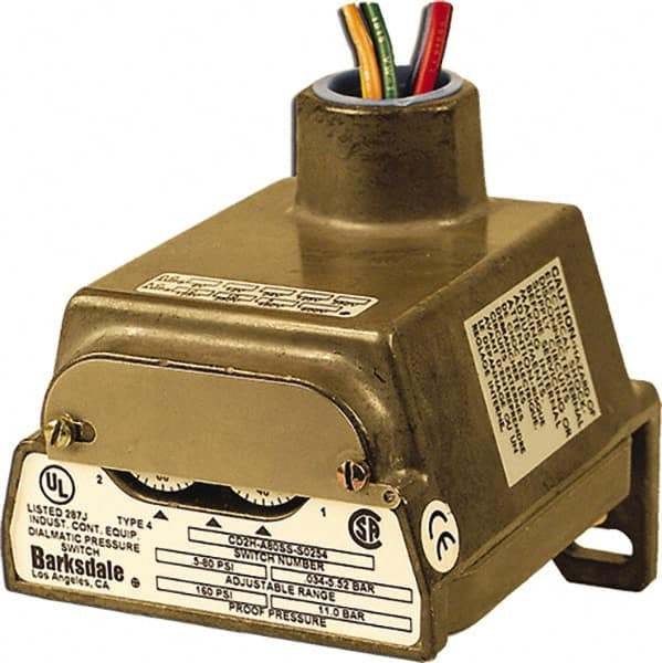 Barksdale - 1.5 to 150 psi Adjustable Range, 300 Max psi, Diaphragm Pressure Switch - 1/4 NPT Female, 18in Free Leads, SPDT Contact, 304SS Wetted Parts, 0.5% Repeatability - Americas Tooling