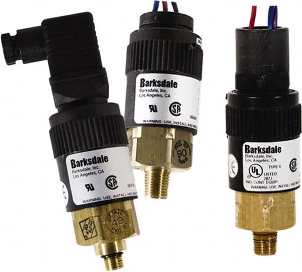 Barksdale - 360 to 1,700 psi Adjustable Range, 7,000 Max psi, Compact Pressure Switch - 1/4 NPT Male, DIN 43650, SPDT Contact, Brass Wetted Parts, 2% Repeatability - Americas Tooling