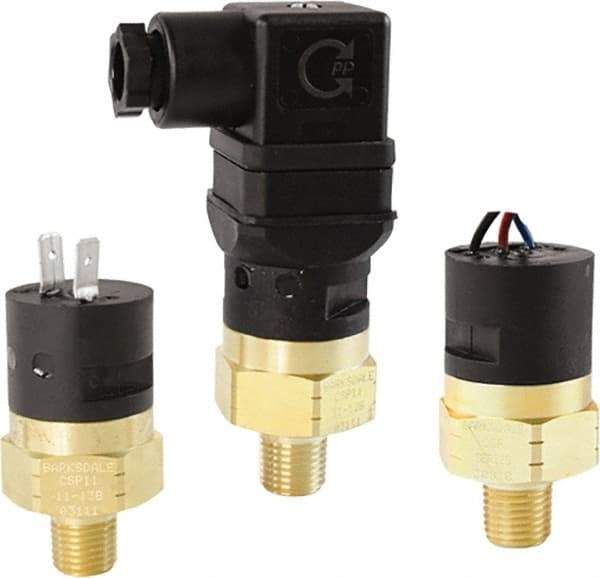 Barksdale - 5 to 30 PSI Adjustable Range, 350 Max psi, Compact Pressure Switch - 1/8 NPT Male, 1/4in Male Spade Terminals, SPST/ NC Contact, Brass Wetted Parts, 3% Repeatability - Americas Tooling