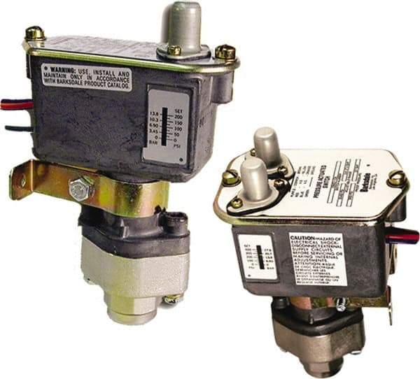 Barksdale - 125 to 1,500 psi Adjustable Range, 7,000 Max psi, Sealed Piston Pressure Switch - 1/4 NPT Female, 18in Free Leads, 2 x SPDT Contact, Nickel Plated Al Wetted Parts, 2% Repeatability - Americas Tooling