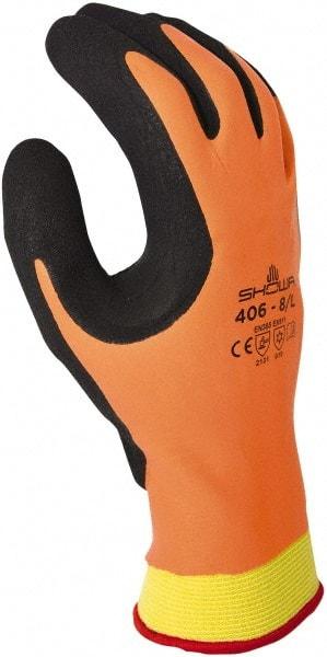 SHOWA - Size L (8) Rubber Coated Rubber Cold Protection Work Gloves - For Winter Transportation, Field Work, Cold Storage, Fully Coated, Gauntlet Cuff, Full Fingered, Orange, Paired - Americas Tooling
