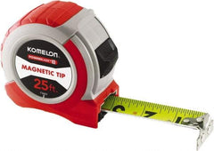 Komelon - 25' x 1-1/16" Yellow Steel Blade Tape Measure - 1/4, 1/8 & 1/16" Graduation, Red ABS Plastic Case - Americas Tooling