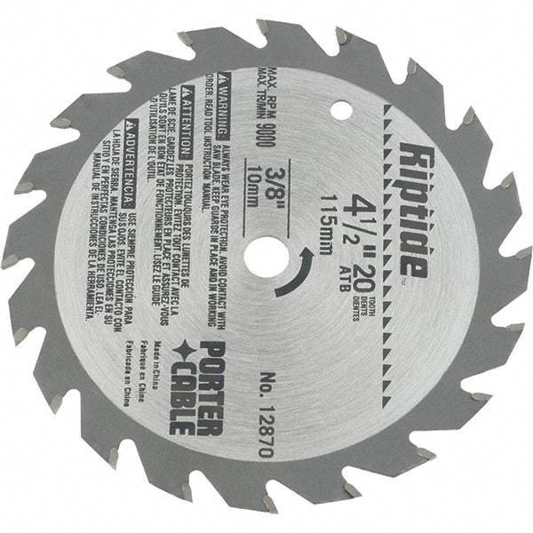 Porter-Cable - 4-1/2" Diam, 3/8" Arbor Hole Diam, 20 Tooth Wet & Dry Cut Saw Blade - Carbide-Tipped, Ripping Action, Standard Round Arbor - Americas Tooling