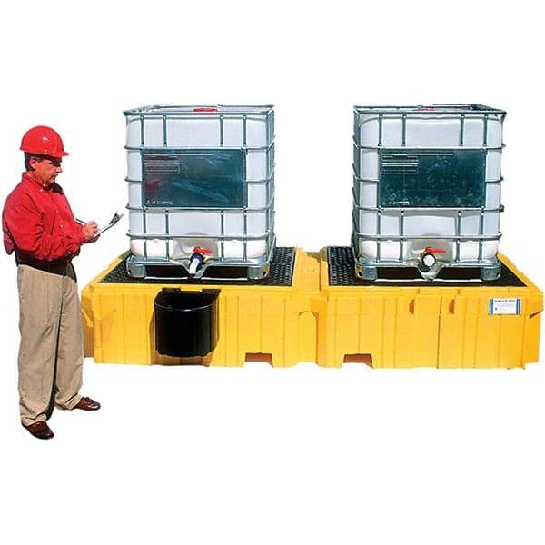 UltraTech - 535 Gal Sump Capacity, Polyethylene TWIN IBC Spill Pallet, Left Side Bucket - 61.6" Long x 22" Wide x 124-1/2" High, 8,000 Lb Capacity, 2 Totes, Includes 1 Left Side Bucket Shelf - Americas Tooling