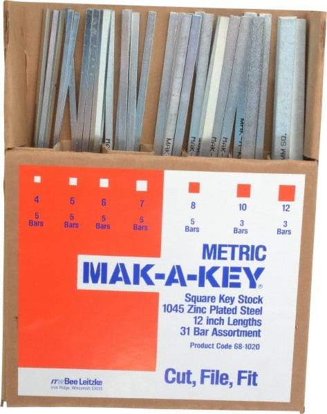 Made in USA - 12" Long, Zinc-Plated Key Stock Assortment - C1045 Steel - Americas Tooling