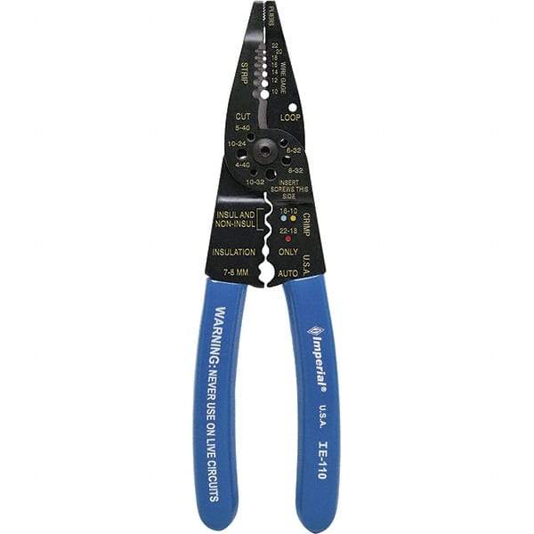 Imperial - 10 to 22 AWG Capacity Wire Stripper/Cutter/Crimper - 8-1/4" OAL, Hardened Steel with Cushion Grip Handle - Americas Tooling