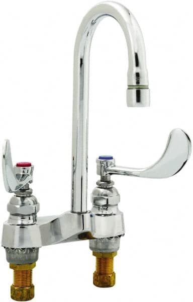 T&S Brass - Faucet Mount, Deck Mount Faucet without Spray - Two Handle, Wrist Blade Handle, Rigid Gooseneck Spout, No Drain - Americas Tooling