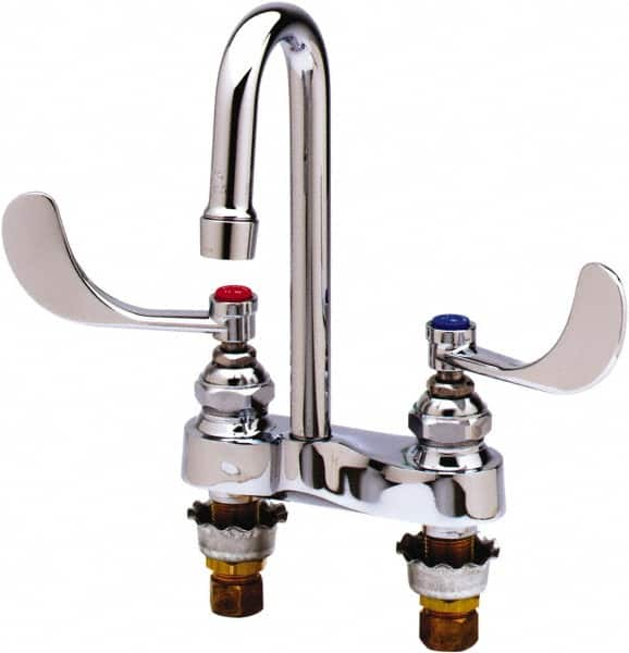 T&S Brass - Faucet Mount, Deck Mount Faucet without Spray - Two Handle, Wrist Blade Handle, Gooseneck Spout, No Drain - Americas Tooling