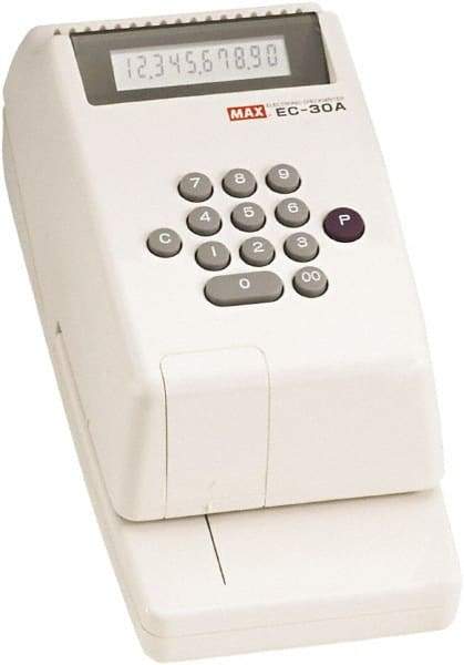 MAX - 4-3/8" Wide x 3-3/4" High x 9-1/8" Deep, Electronic Check Writer - Plastic, White - Americas Tooling