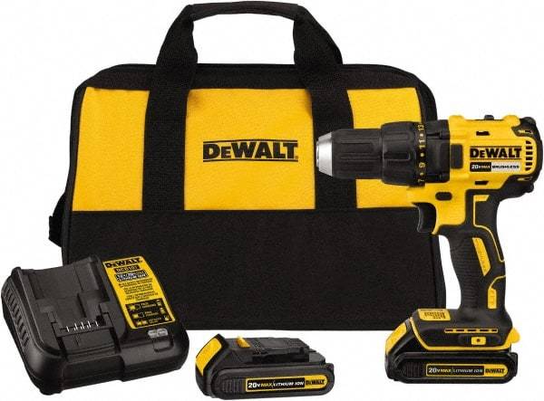 DeWALT - 20 Volt 1/2" Chuck Mid-Handle Cordless Drill - 0-1600 RPM, Reversible, 2 Lithium-Ion Batteries Included - Americas Tooling