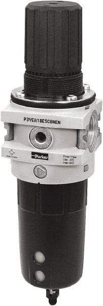 Parker - 3/4" NPT Port Heavy-Duty 1 Piece Filter/Regulator FRL Unit - Polypropylene Bowl, 335 SCFM, 254 Max psi, 13-1/2" High, Manual Drain - Americas Tooling