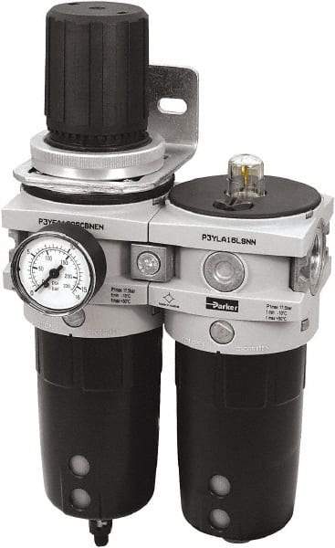 Parker - 3/4" NPT Port Heavy-Duty 2 Piece Filter/Regulator-Lubricator FRL Unit - Polypropylene Bowl, 315 SCFM, 254 Max psi, 13-1/2" High, Manual Drain - Americas Tooling