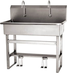 SANI-LAV - 37" Long x 16-1/2" Wide Inside, 1 Compartment, Grade 304 Stainless Steel (3) Person Wash-Station with Double Foot Valves - 16 Gauge, 40" Long x 20" Wide x 45" High Outside, 8" Deep - Americas Tooling