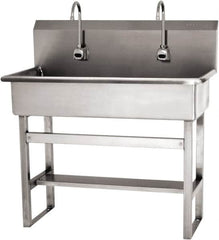 SANI-LAV - 37" Long x 16-1/2" Wide Inside, 1 Compartment, Grade 304 Stainless Steel (3) Person Wash-Station with Electronic Faucet - 16 Gauge, 40" Long x 20" Wide x 45" High Outside, 8" Deep - Americas Tooling