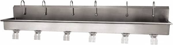 SANI-LAV - 117" Long x 16-1/2" Wide Inside, 1 Compartment, Grade 304 Stainless Steel (6) Person Wash-Station with Double Foot Valves - 16 Gauge, 120" Long x 20" Wide x 18" High Outside, 8" Deep - Americas Tooling