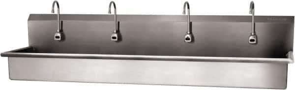 SANI-LAV - 77" Long x 16-1/2" Wide Inside, 1 Compartment, Grade 304 Stainless Steel (4) Person Wash-Station with Electronic Faucet - 16 Gauge, 80" Long x 20" Wide x 18" High Outside, 8" Deep - Americas Tooling