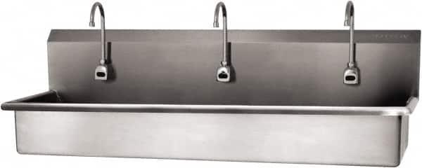 SANI-LAV - 57" Long x 16-1/2" Wide Inside, 1 Compartment, Grade 304 Stainless Steel (3) Person Wash-Station with Electronic Faucet - 16 Gauge, 60" Long x 20" Wide x 18" High Outside, 8" Deep - Americas Tooling