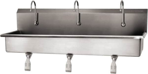 SANI-LAV - 57" Long x 16-1/2" Wide Inside, 1 Compartment, Grade 304 Stainless Steel (3) Person Wash-Station with Single Foot Valves - 16 Gauge, 60" Long x 20" Wide x 18" High Outside, 8" Deep - Americas Tooling