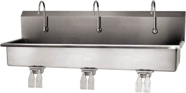 SANI-LAV - 57" Long x 16-1/2" Wide Inside, 1 Compartment, Grade 304 Stainless Steel (3) Person Wash-Station with Double Foot Valves - 16 Gauge, 60" Long x 20" Wide x 18" High Outside, 8" Deep - Americas Tooling