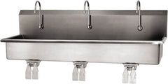 SANI-LAV - 57" Long x 16-1/2" Wide Inside, 1 Compartment, Grade 304 Stainless Steel (3) Person Wash-Station with Double Foot Valves - 16 Gauge, 60" Long x 20" Wide x 18" High Outside, 8" Deep - Americas Tooling